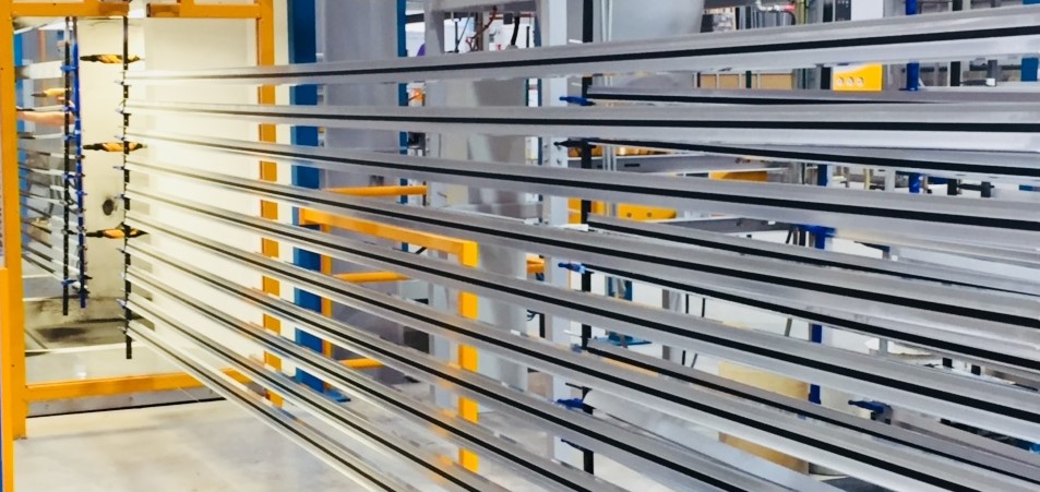 Close view of a finished architectural powder-coated aluminium surface